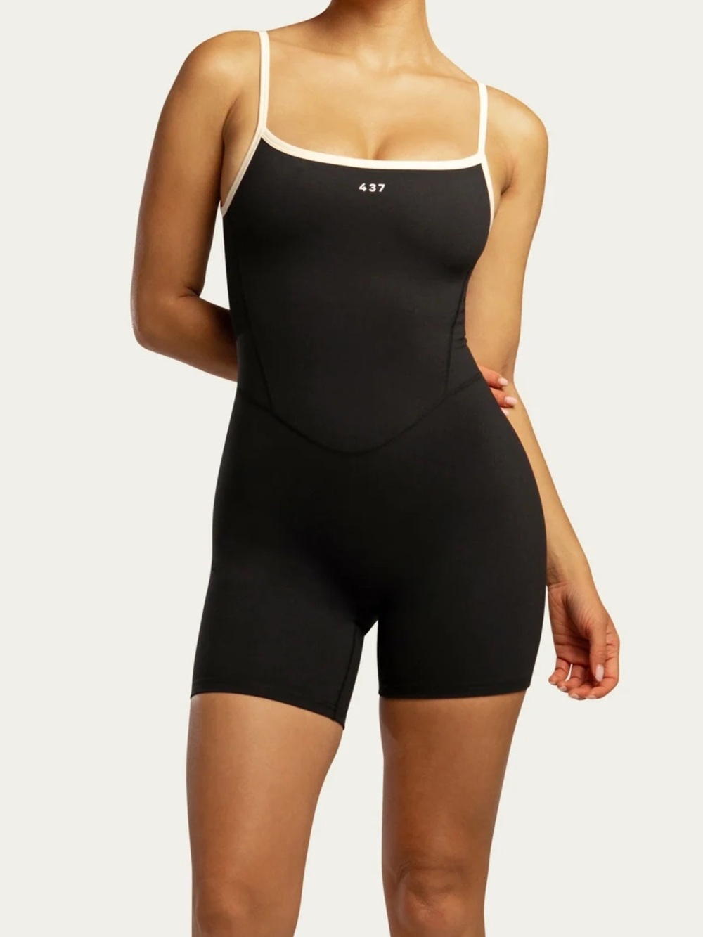 NEW 437 Four Three Seven XL The Shorts Onesie Black Cream Shortysuit Workout